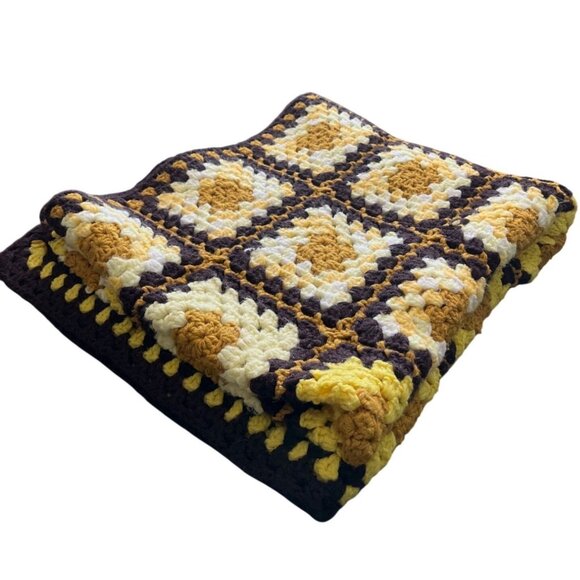Handmade Crochet Granny Square Throw Blanket Yellow Brown White - Picture 4 of 4